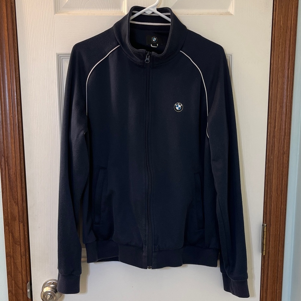 BMW Navy Blue & White Trim Zip Front Cotton Blend Fleece Jacket Unisex Medium